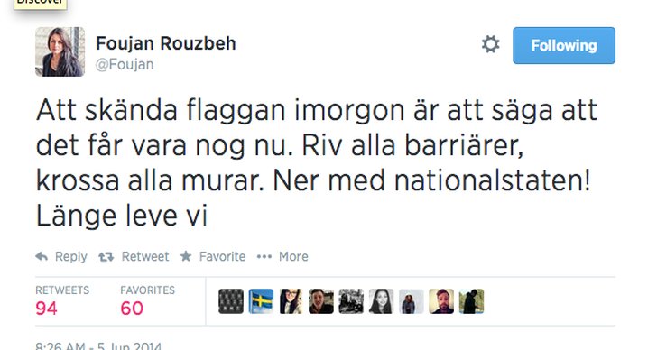 Twitter, Feministiskt initiativ, Sveriges nationaldag, Foujan Rouzbeh
